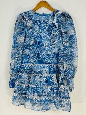 Bardot Juniors Blue Floral Lace Mini Dress Romantic Ruffle Tiered Long Sleeve 14